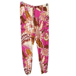 Olivacious Women's Size S Floral Print Jogger Pants Pink Brown Cream